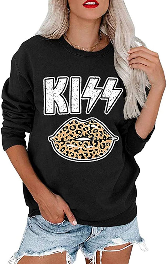Women Long Sleeve Kiss Leopard Lips Sweatshirt Lipstick Shirt