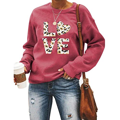 Women Long Sleeve Leopard Love Sweatshirt Love Sweater Pullover