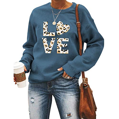 Women Long Sleeve Leopard Love Sweatshirt Love Sweater Pullover