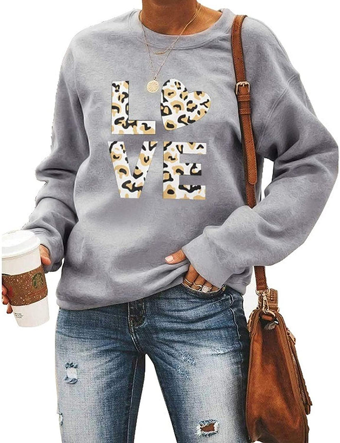 Women Long Sleeve Leopard Love Sweatshirt Love Sweater Pullover