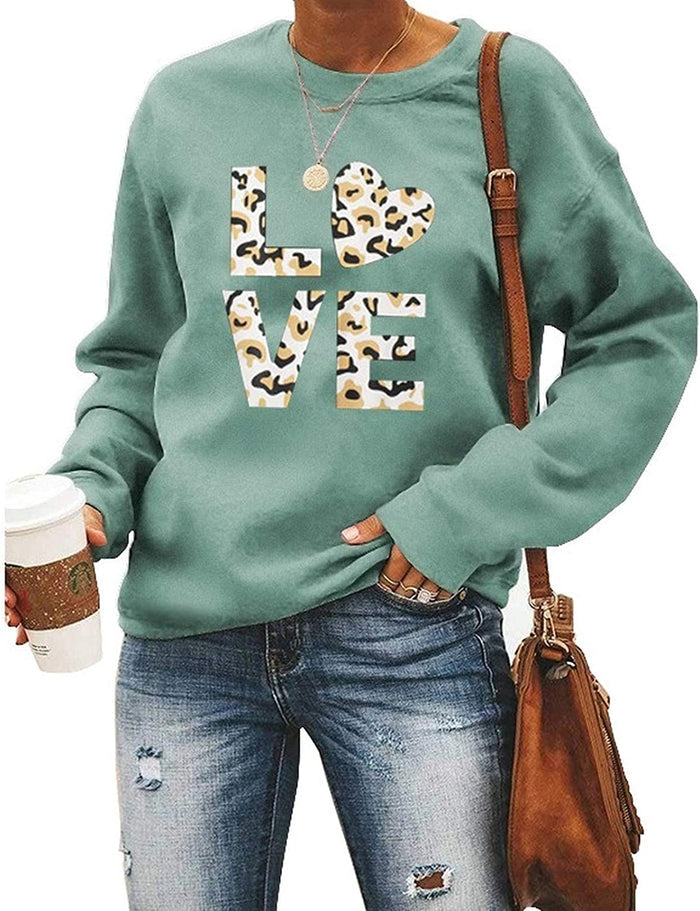 Women Long Sleeve Leopard Love Sweatshirt Love Sweater Pullover