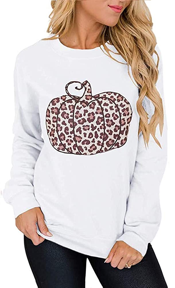 Women Long Sleeve Leopard Pumpkin Sweatshirt Halloween Pumpkin Shirt