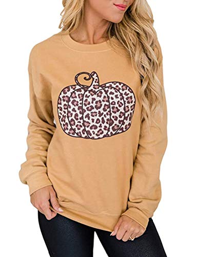 Women Long Sleeve Leopard Pumpkin Sweatshirt Halloween Pumpkin Shirt