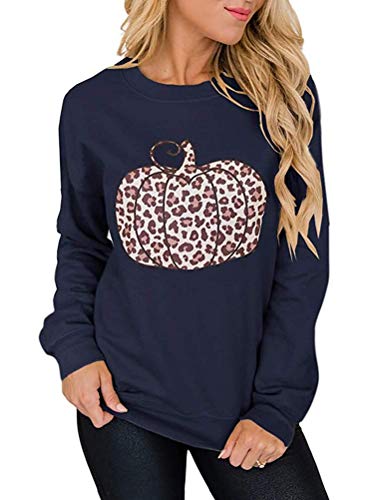 Women Long Sleeve Leopard Pumpkin Sweatshirt Halloween Pumpkin Shirt