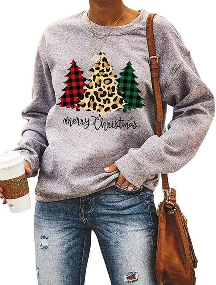 Women Long Sleeve Merry Christmas Sweatshirt Christmas Trees Sweatshirt