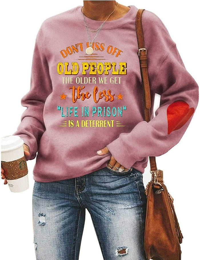 Women Long Sleeve with Heart Print Don't Piss Off Old People Sweatshirt Vintage Sweater