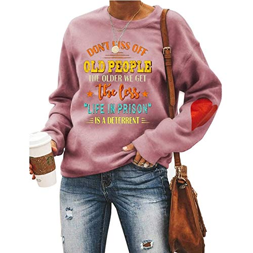 Women Long Sleeve with Heart Print Don't Piss Off Old People Sweatshirt Vintage Sweater