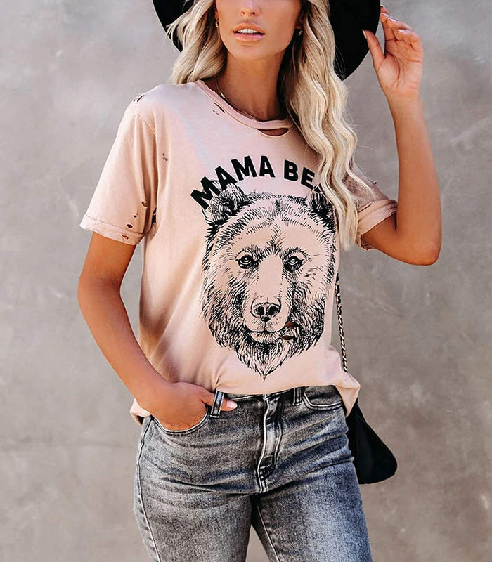 Women Mama Bear T-Shirt Hollow Out Mama Bear Shirt