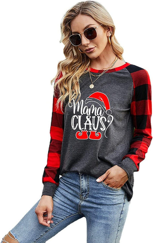 Women Mama Claus Christmas Mother Shirt Long Sleeve Buffalo Plaid Fashion Tops