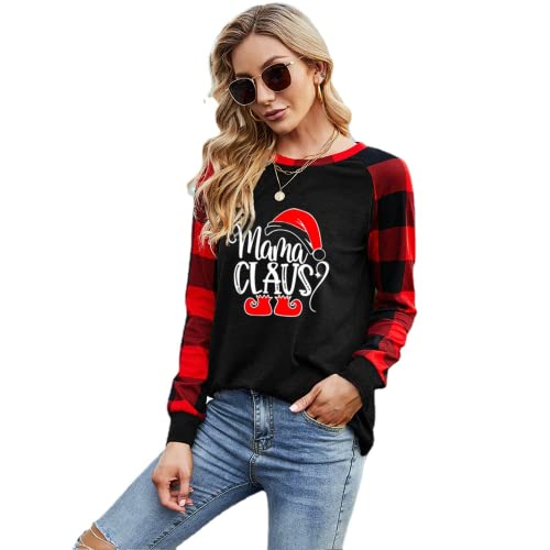 Women Mama Claus Christmas Mother Shirt Long Sleeve Buffalo Plaid Fashion Tops