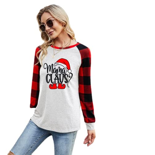 Women Mama Claus Christmas Mother Shirt Long Sleeve Buffalo Plaid Fashion Tops