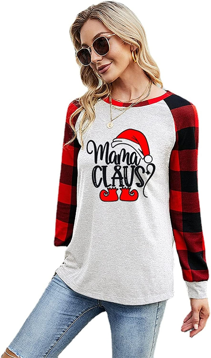 Women Mama Claus Christmas Mother Shirt Long Sleeve Buffalo Plaid Fashion Tops