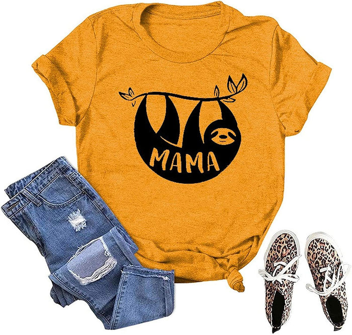 Women Mama Sloth T-Shirt Funny Graphic Shirt for Mama