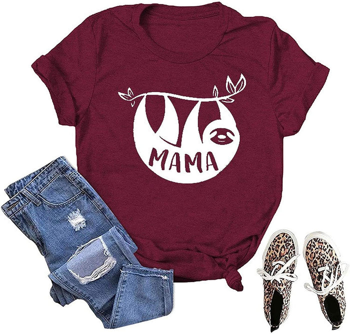Women Mama Sloth T-Shirt Funny Graphic Shirt for Mama