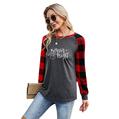 Women Merry and Bright Blouse Buffalo Plaid Sleeve Christmas Shirt