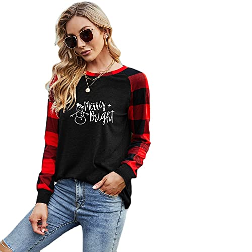 Women Merry and Bright Blouse Buffalo Plaid Sleeve Christmas Shirt
