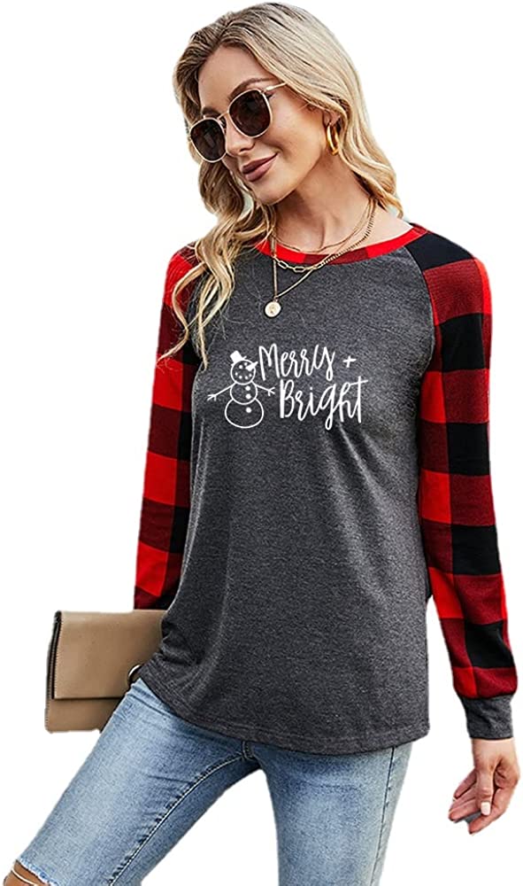 Women Merry and Bright Blouse Buffalo Plaid Sleeve Christmas Shirt