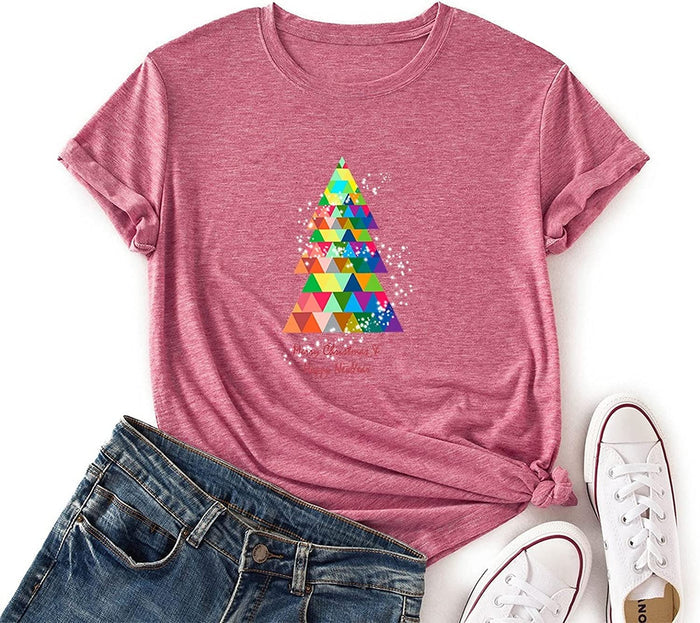 Women Merry Christmas Happy New Year T-Shirt Christmas Tree Graphic Shirt