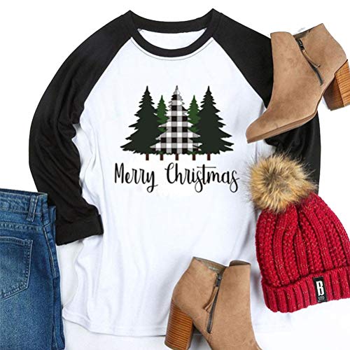 Women Merry Christmas Long Sleeve Blouse Christmas Tree Raglan Shirt