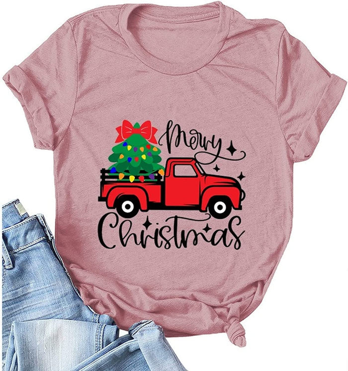 Women Merry Christmas Shirt Christmas Tree on Red Car T-Shirt