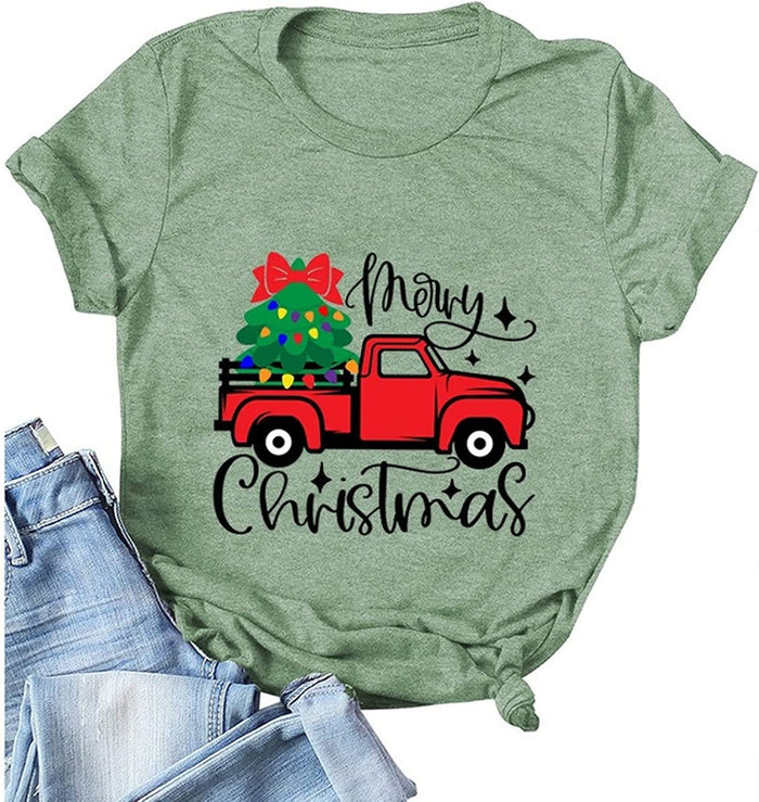 Women Merry Christmas Shirt Christmas Tree on Red Car T-Shirt