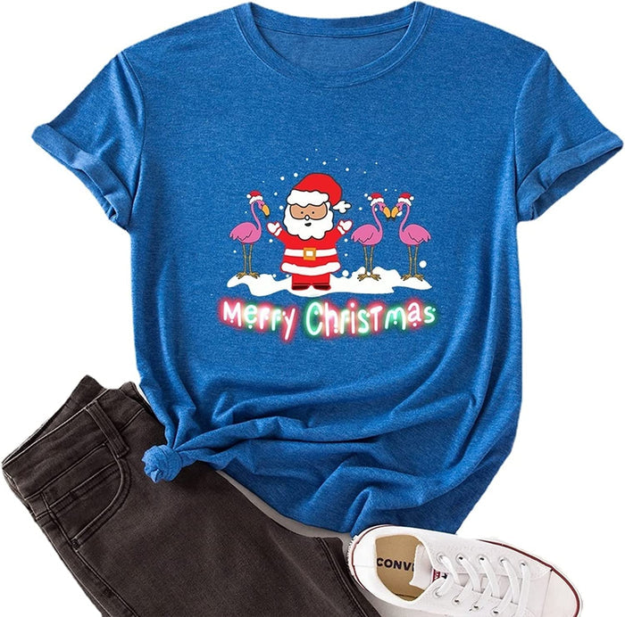 Women Merry Christmas Shirt Santa Flamingo T-Shirt