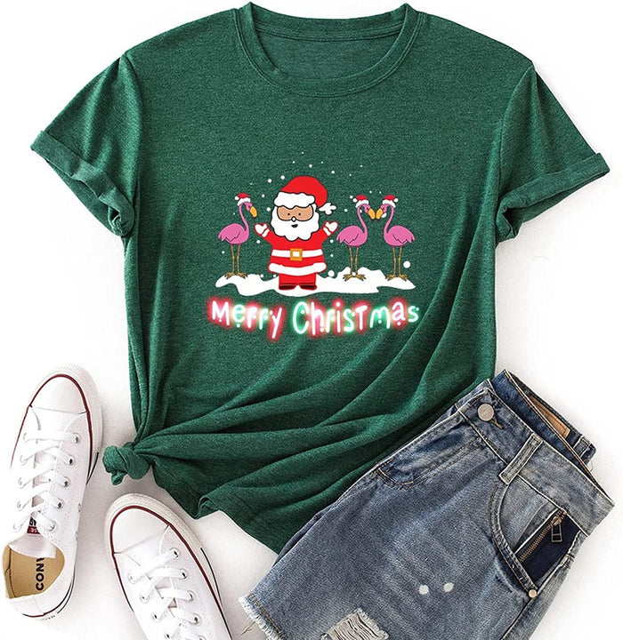 Women Merry Christmas Shirt Santa Flamingo T-Shirt