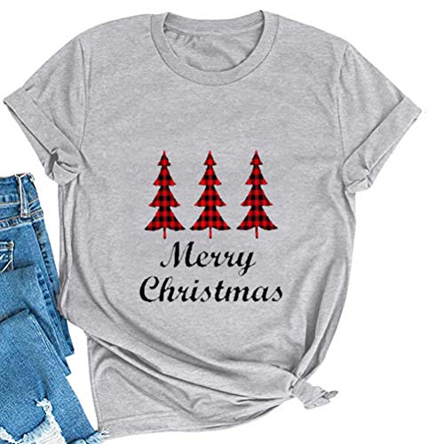 Women Merry Christmas T-Shirt Plaid Christmas Tree Shirt
