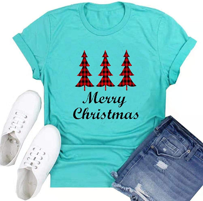 Women Merry Christmas T-Shirt Plaid Christmas Tree Shirt