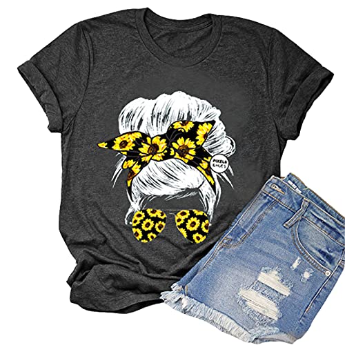 Women Messy Hair Bun Sunflower T-Shirt Messy Bun Skull Shirt