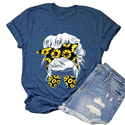 Women Messy Hair Bun Sunflower T-Shirt Messy Bun Skull Shirt