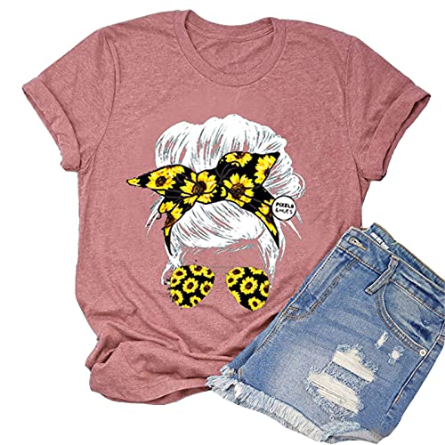 Women Messy Hair Bun Sunflower T-Shirt Messy Bun Skull Shirt