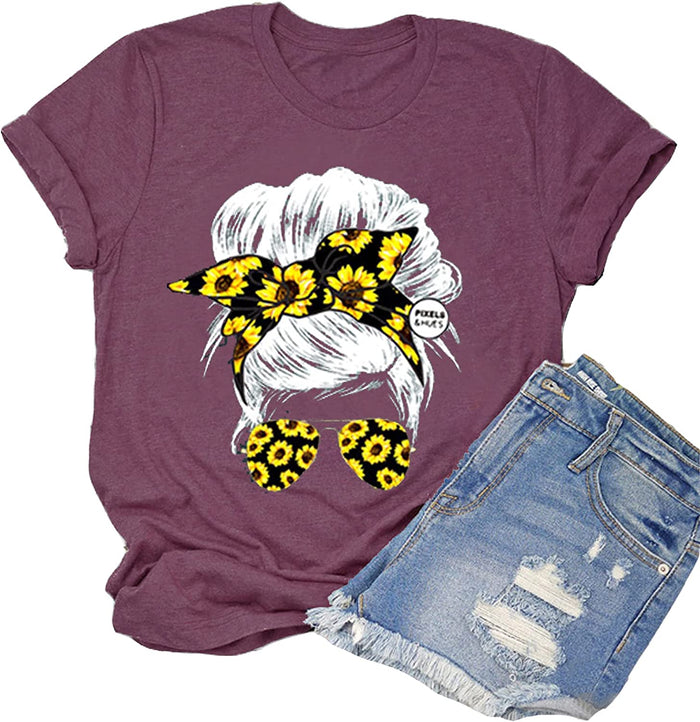 Women Messy Hair Bun Sunflower T-Shirt Messy Bun Skull Shirt