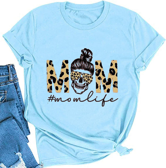 Women Mom Life T-Shirt Leopard Skull Mom Shirt Messy Bun Skull Graphic Shirt