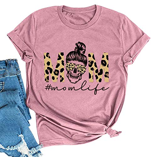 Women Mom Life T-Shirt Leopard Skull Mom Shirt Messy Bun Skull Graphic Shirt