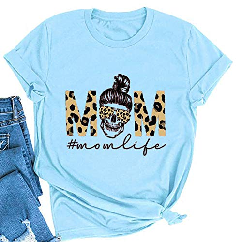 Women Mom Life T-Shirt Leopard Skull Mom Shirt Messy Bun Skull Graphic Shirt