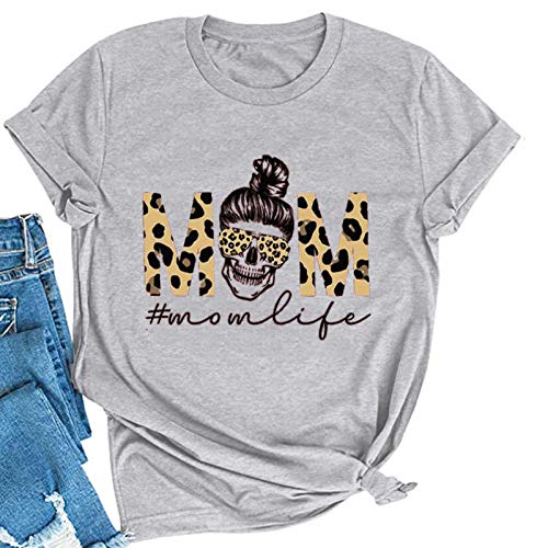Women Mom Life T-Shirt Leopard Skull Mom Shirt Messy Bun Skull Graphic Shirt