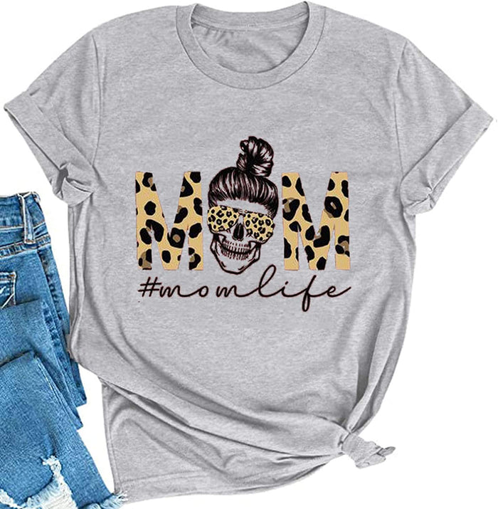 Women Mom Life T-Shirt Leopard Skull Mom Shirt Messy Bun Skull Graphic Shirt