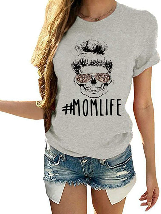 Women Mom Life T-Shirt Leopard Skull Mom Shirt