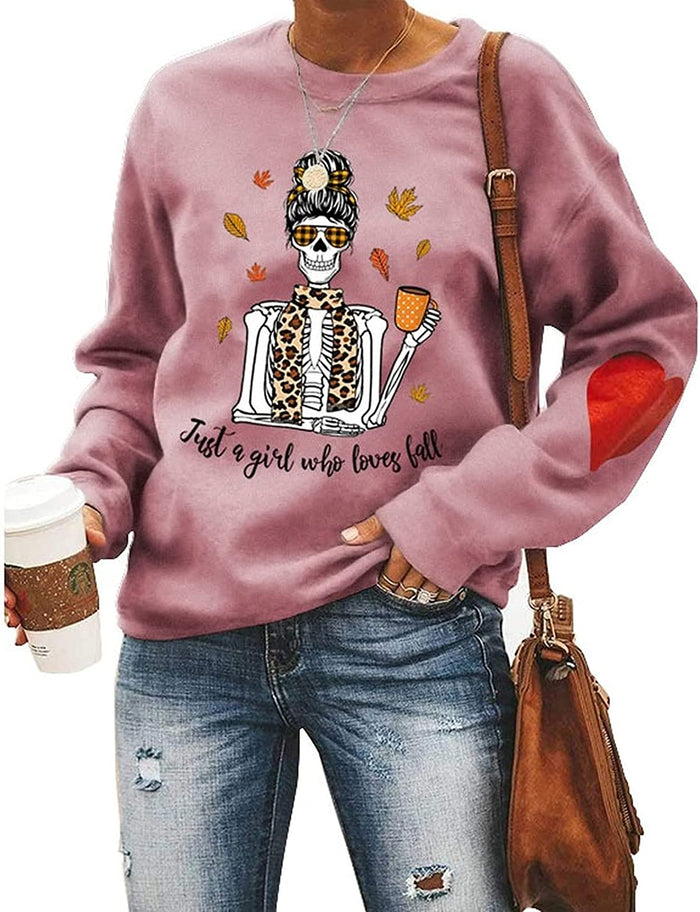 Women Mom Skull Sweatshirt Just A Girl Who Loves Fall Shirt