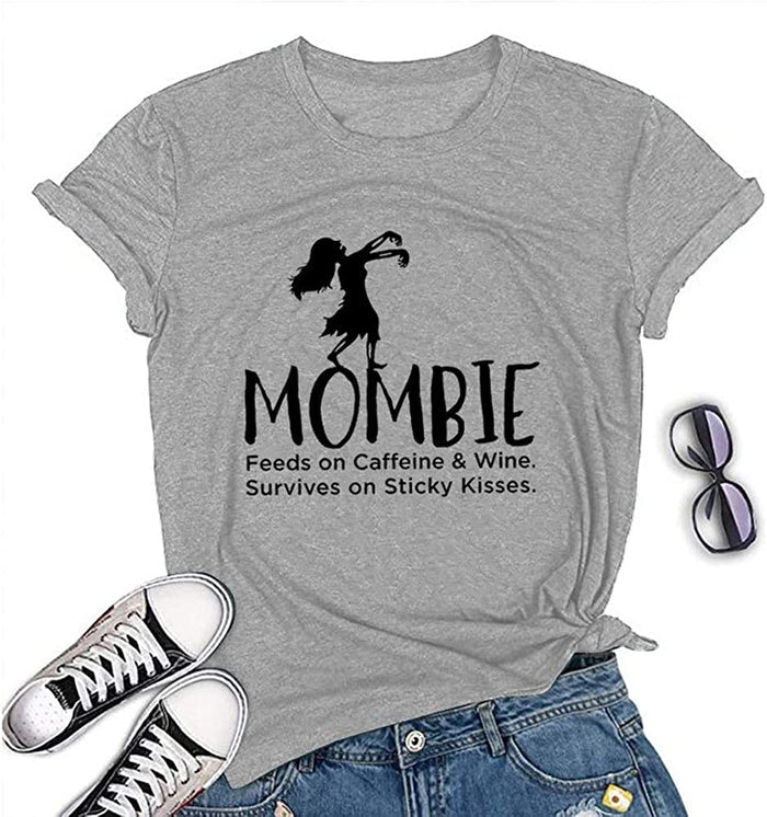 Women Mombie Feeds on Caffeine and Wine Shirt Round Neck Short Sleeve T-Shirt (Gray,Medium)