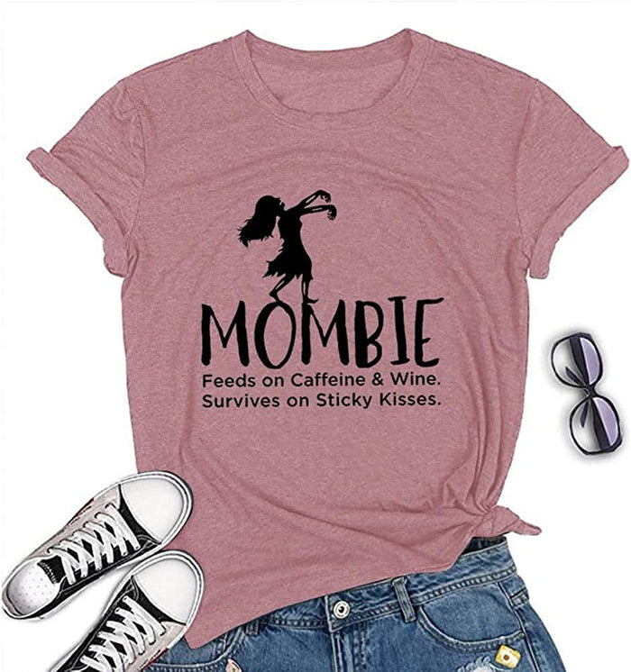 Women Mombie Feeds on Caffeine and Wine Shirt Round Neck Short Sleeve T-Shirt (Red,Medium)