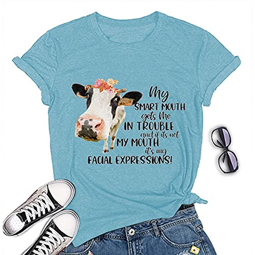 Women My Smart Mouth Gets me in Trouble Funny Heifer T-Shirt Cow Graphic Shirt