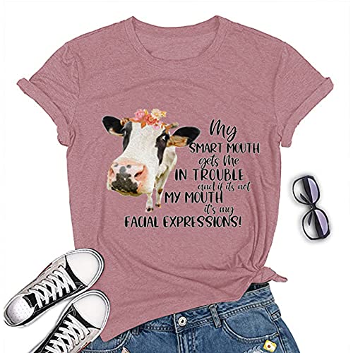 Women My Smart Mouth Gets me in Trouble Funny Heifer T-Shirt Cow Graphic Shirt