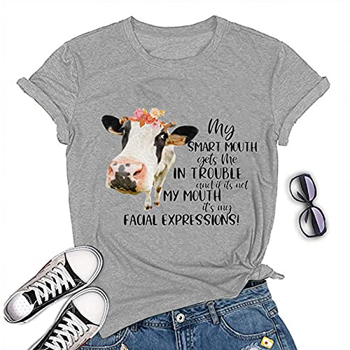 Women My Smart Mouth Gets me in Trouble Funny Heifer T-Shirt Cow Graphic Shirt