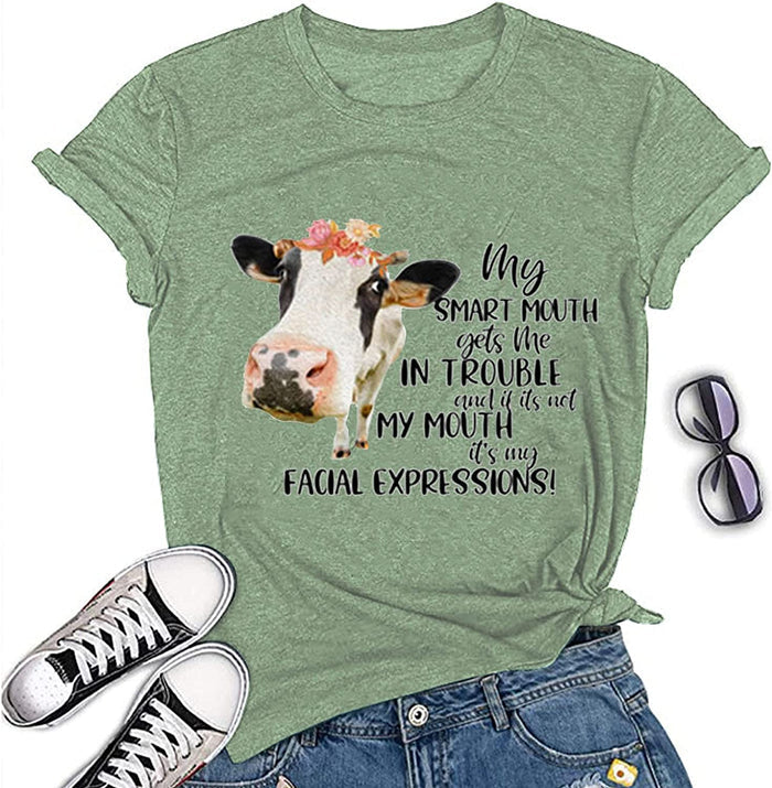 Women My Smart Mouth Gets me in Trouble Funny Heifer T-Shirt Cow Graphic Shirt