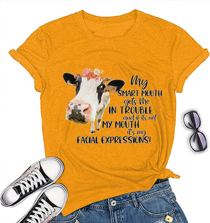 Women My Smart Mouth Gets me in Trouble Funny Heifer T-Shirt Cow Graphic Shirt