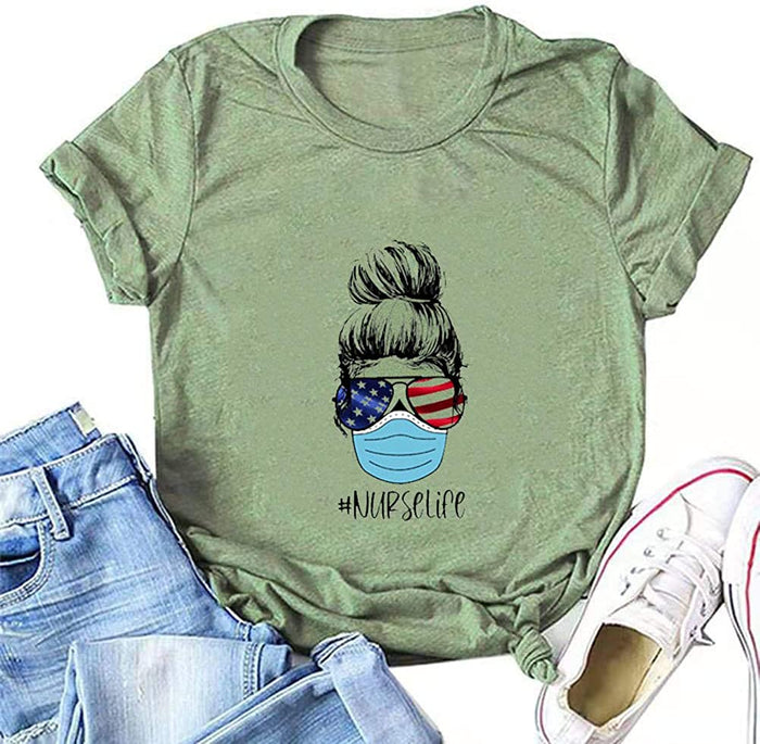 Women Nurse Life T-Shirt American Flag Shirt