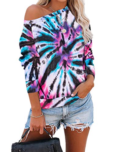Women Off Shoulder Long Sleeve Tie Dye Blouse Multi Color Sweatshirt