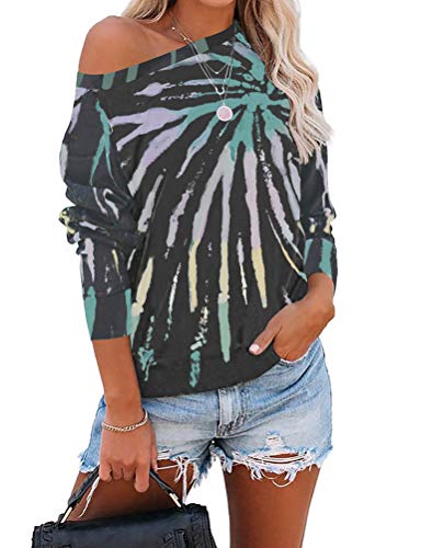 Women Off Shoulder Long Sleeve Tie Dye Blouse Multi Color Sweatshirt